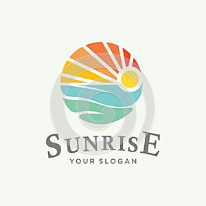 Sunset beach logo Landscape design illustration. summer Wave sun Logo Sign Design Icon. tropical And Sea Sun Logo Element Sunrise