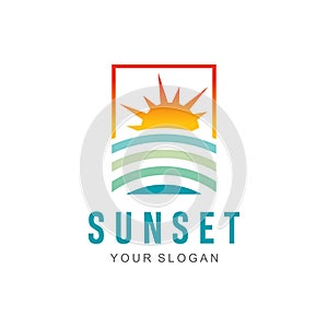 Sunset beach logo Landscape design illustration. summer Wave sun Logo Sign Design Icon. tropical And Sea Sun Logo Element Sunrise