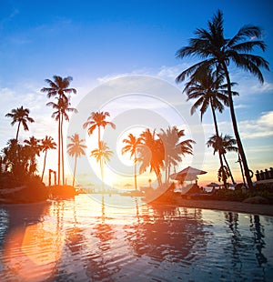 Sunset at a beach luxury resort in tropics. Travel.