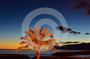 Sunset on beach with moonrise in Madeira insel,