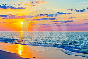 Sunset on the beach on north side of the Provincelands Cape Cod, Atlantic ocean view MA US.