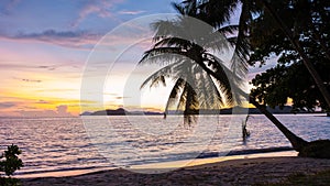 sunset on the beach with palm tree and hammock, Koh Mak Island Thailand