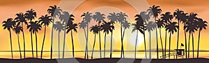 Sunset on the beach palm trees  lifeguard tower ocean beautiful summer landscape panorama vector
