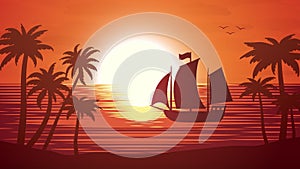 Sunset on the beach with palm trees. Ship in the background. Reflection of the setting sun on the waves. Romantic sea background