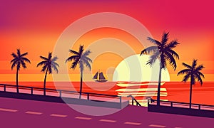 Sunset beach palm trees silhouettes, summertime, tropical sea, ocean, highway road. Panorama colorful horison orange Sun