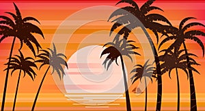 Sunset beach palm trees silhouettes, summertime, tropical sea, ocean. Panorama colorful, horison orange Sun seascape