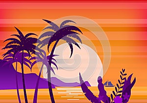 Sunset beach palm trees silhouettes, summertime, tropical sea, ocean. Panorama colorful of mountains, horison orange Sun