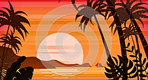 Sunset beach palm trees silhouettes, summertime, tropical sea, ocean. Panorama colorful of mountains, horison orange Sun