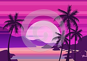 Sunset beach palm trees silhouettes, summertime, tropical sea, ocean. Panorama colorful of mountains, horison orange Sun