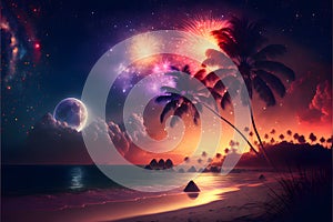 Sunset on the beach palm trees water, sand, moon and fireworks. New Year's fun and festiv