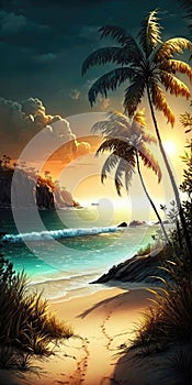 Sunset Beach Palms Sea Mobile Wallpaper. Generative AI