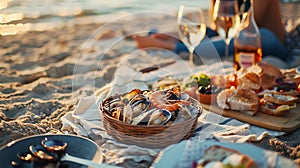 Sunset Beach Picnic with Wine and Seafood