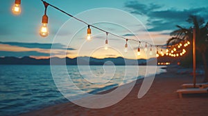Sunset Beach Scene with String Lights