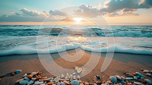 Sunset on the beach with sea waves and pebbles.