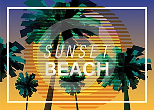 Sunset beach at seashore, sea landscape with palms, minimalistic illustration. Seascape sunrise or sunset. Vector