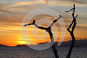 sunset on the beach. Seaside town of Turgutreis and spectacular sunsets