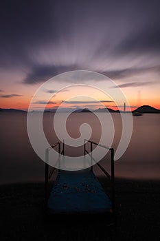 sunset on the beach. Seaside town of Turgutreis and spectacular sunsets. Long Exposure shoot. tranquility scene.