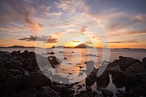 sunset on the beach. Seaside town of Turgutreis and spectacular sunsets. Selective Focus. Long Exposure shoot. tranquility scene