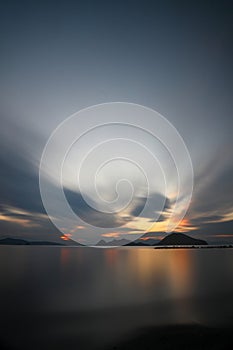 sunset on the beach. Seaside town of Turgutreis and spectacular sunsets. Selective Focus. Long Exposure shoot. tranquility scene