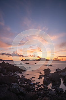 sunset on the beach. Seaside town of Turgutreis and spectacular sunsets. Selective Focus. Long Exposure shoot. tranquility scene