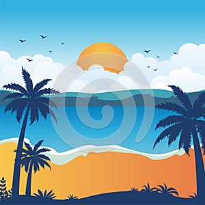 Sunset Beach with silhouette of palm trees. Beautiful Summer landscape background