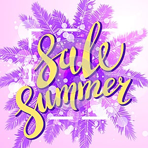 Sunset on the beach Summer sale violet background with palm. Vector banner