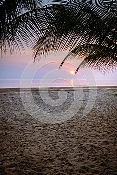 Sunset beach Thailand Chumphon area with palm trees