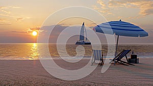 Sunset beach travel summer holiday vacation with beach chairs, parasol and yacht in the sea, 3d rendering