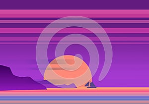 Sunset beach, tropical sea, ocean. Panorama of mountains, horison orange Sun seascape sailboat. Vector illustration