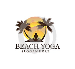 sunset beach yoga meditation theme balance symbol  logo design illustration