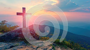 Sunset beams radiate around a solitary cross on a mountaintop.