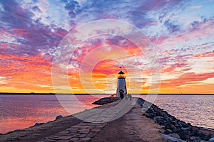 Sunset beautiful afterglow over the lighthouse of Lake Hefner