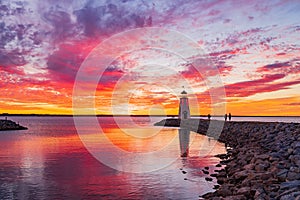 Sunset beautiful afterglow over the lighthouse of Lake Hefner