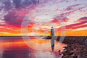 Sunset beautiful afterglow over the lighthouse of Lake Hefner