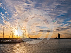 Sunset beautiful afterglow over the lighthouse of Lake Hefner