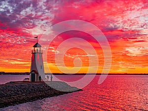 Sunset beautiful afterglow over the lighthouse of Lake Hefner