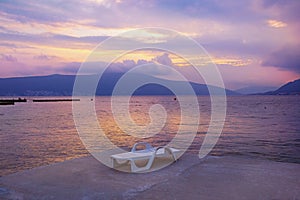 Sunset. Beautiful autumn Mediterranean landscape.  Montenegro, view of Kotor Bay near Tivat city