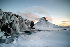 Sunset on the beautiful Kirkjufell mountain, Snaefellsness peninsula, Iceland