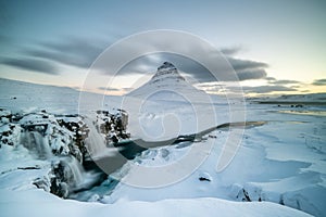 Sunset on the beautiful Kirkjufell mountain, Snaefellsness peninsula, Iceland