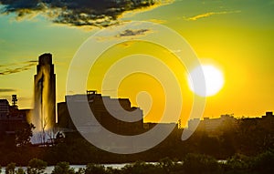 Sunset with beautiful skyline over over downtown Omaha Nebraska