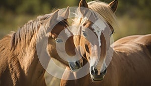 Sunset beauty in nature two horses grazing outdoors generated by AI