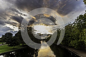 Sunset in Bedford, with river and church