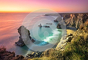 Sunset at Bedruthan Steps, Cornwall, UK