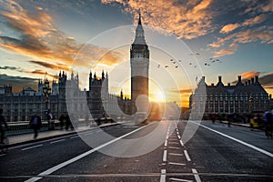 Sunset behind the Big Ben clocktower in London, United Kingdom