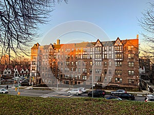 Sunset behind building