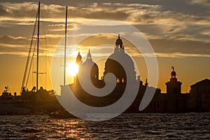 Sunset behind the Church of Madonna Della Salute in Venice