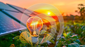 Sunset behind a glowing light bulb with solar panels in a field. Eco-friendly energy concept. Sustainable resources