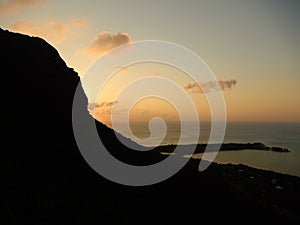 Sunset behind Le Morne mountain in Mauritius.