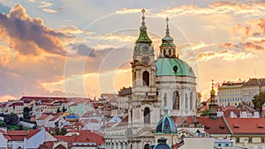 Sunset behind St Nicolas timelapse in Mala Strana in Prague