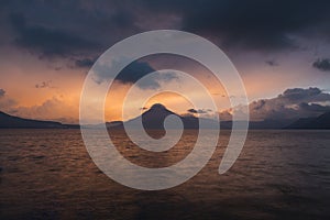 Sunset behind Volcan San Pedro on Lake Atitlan